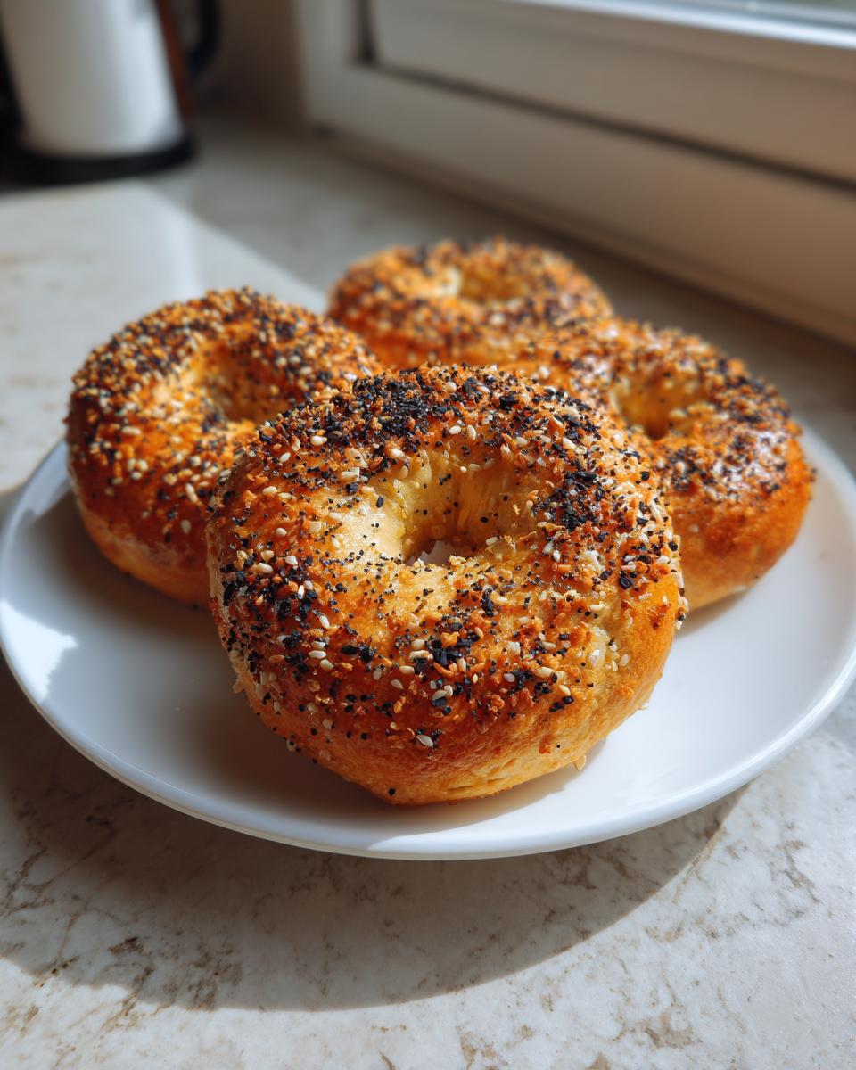 Four golden brown sourdough discard bagels topped heavily with everything bagel seasoning on a white plate.