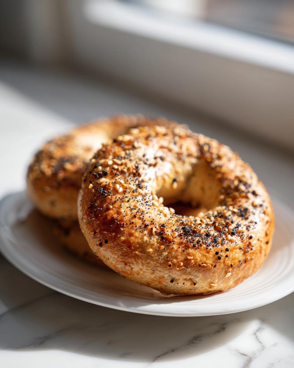 Close-up of golden brown sourdough discard bagels topped with everything seasoning, resting on a white plate.