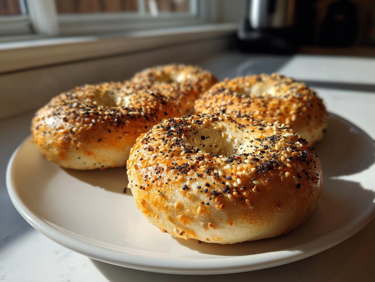 Four golden brown sourdough discard bagels topped with everything seasoning resting on a white plate.