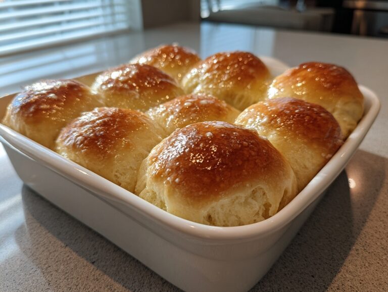 A close-up of golden brown sourdough discard rolls baked together in a white ceramic dish.