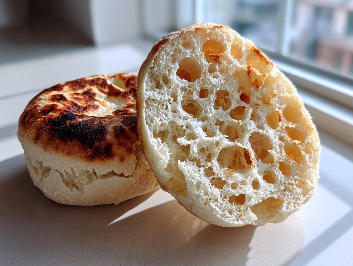 Close-up of a sourdough English muffin sliced in half, showing its signature open, airy crumb structure.