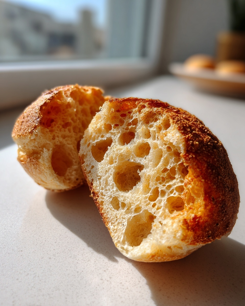 Close-up of a sourdough English muffin split open, showing its signature open, airy crumb structure.