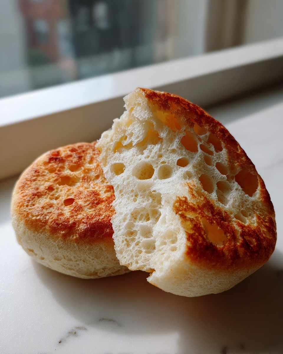 Close-up of a sourdough english muffin torn in half, showing the signature open, airy crumb structure.