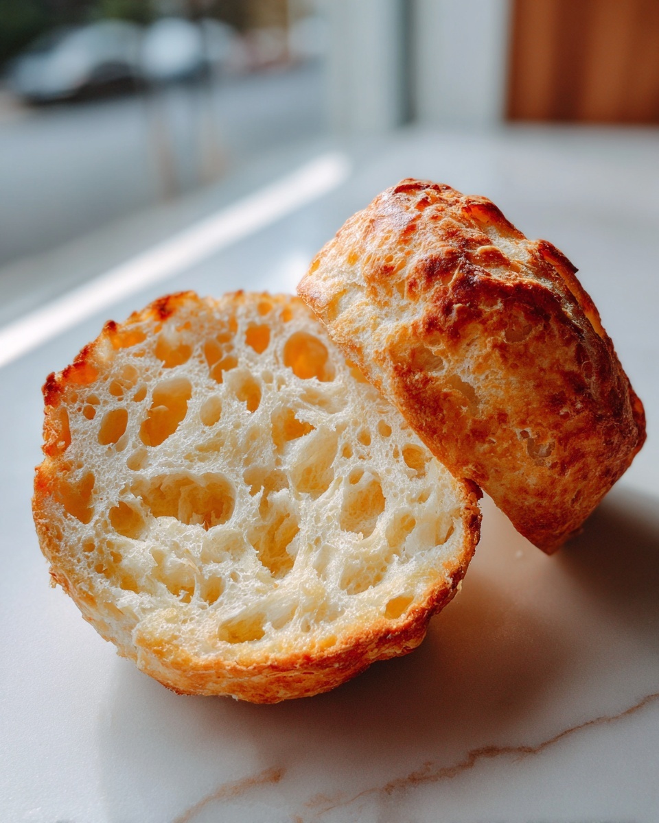 Close-up of a sourdough english muffin split open, showing the signature nooks and crannies texture.