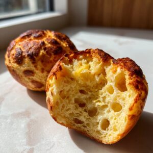 Close-up of a sourdough English muffin cut in half showing the open, airy crumb structure.