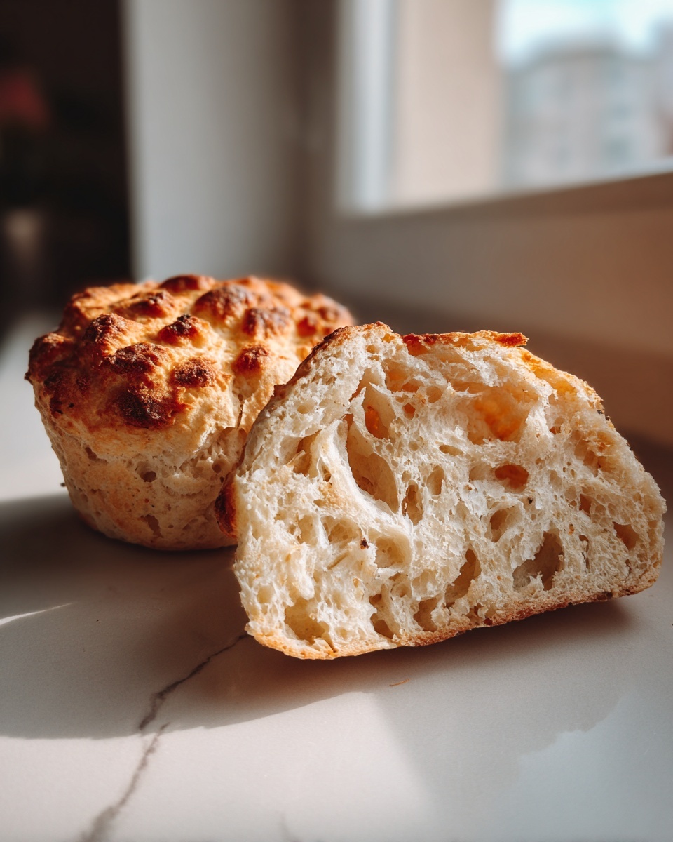 Close-up of a sourdough english muffin cut in half showing the open, airy crumb structure.