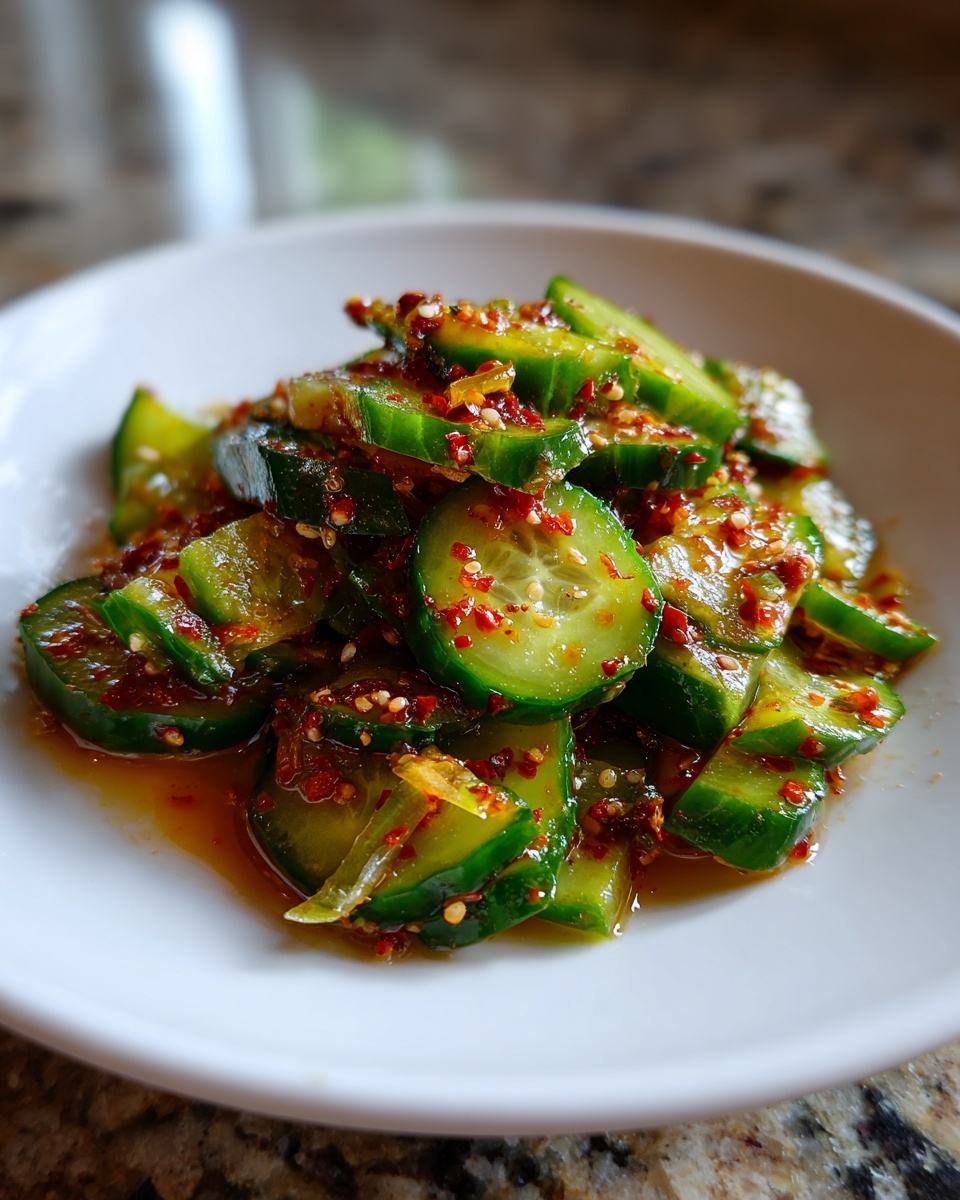 Close-up of spicy, marinated cucumber salad slices tossed with chili flakes and sesame seeds.
