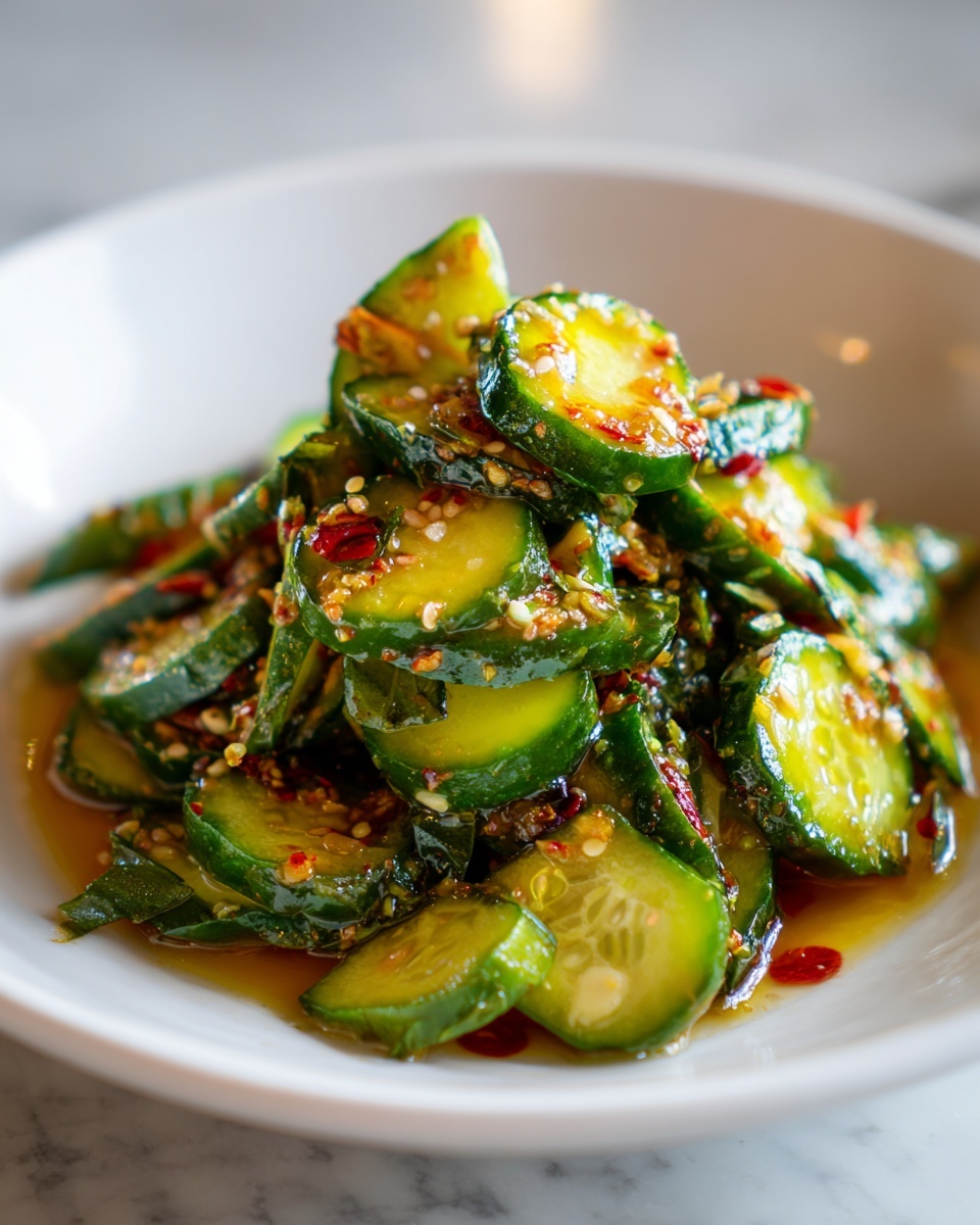Close-up of vibrant, sliced cucumber salad tossed in chili oil and sesame seeds.