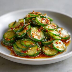 Close-up of a vibrant, spicy cucumber salad tossed in chili oil and sesame seeds.