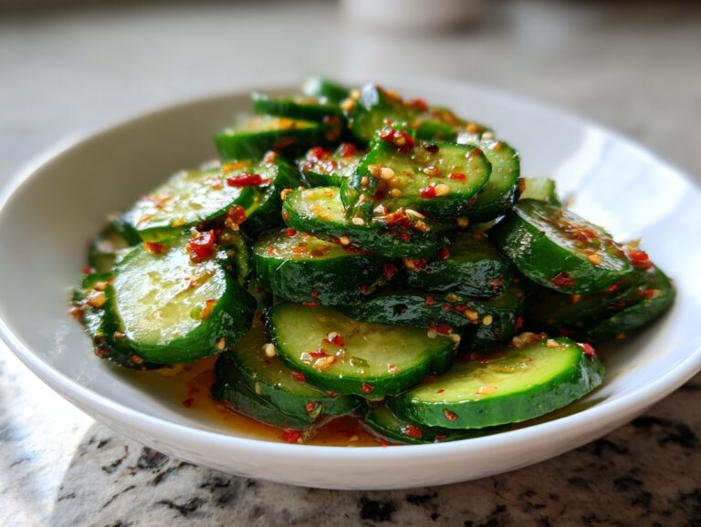 Close-up of a vibrant, spicy cucumber salad featuring sliced cucumbers coated in chili flakes and dressing.