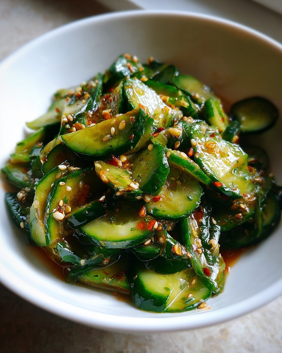 Close-up of sliced, marinated cucumber salad tossed with sesame seeds and chili flakes in a white bowl.
