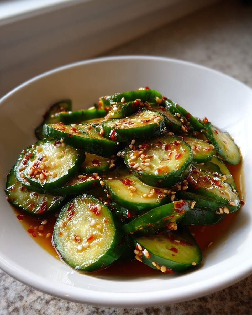 Close-up of sliced, marinated cucumber salad tossed in chili flakes and sesame seeds.