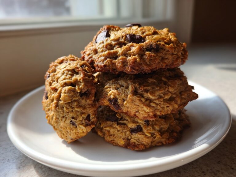 A stack of four golden brown, textured breakfast cookies loaded with oats and chocolate chips, resting on a white plate.