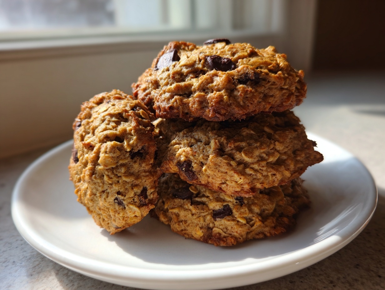A stack of four golden brown, textured breakfast cookies loaded with oats and chocolate chips, resting on a white plate.