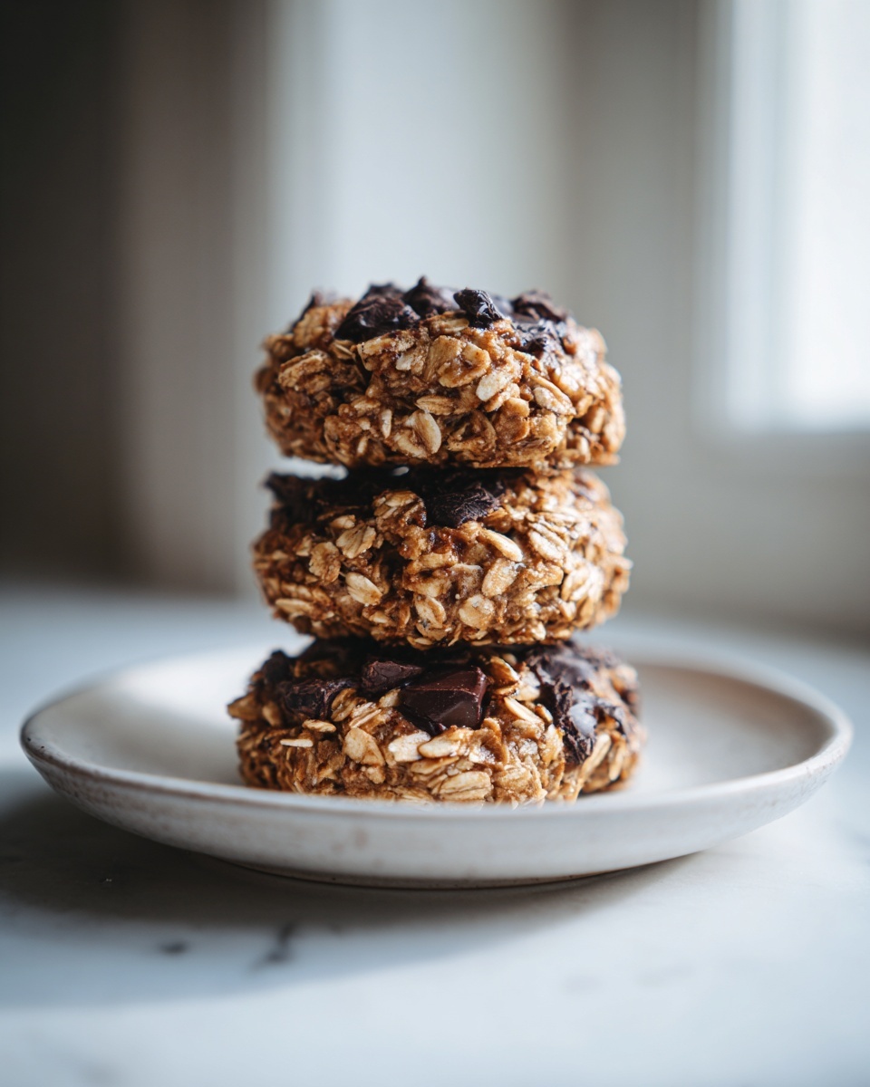 Three stacked, hearty breakfast cookies made with visible oats and dark chocolate chunks on a small white plate.