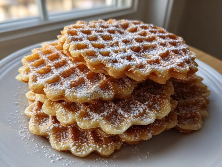 A stack of golden brown pizzelle cookies dusted generously with powdered sugar, sitting on a white plate.
