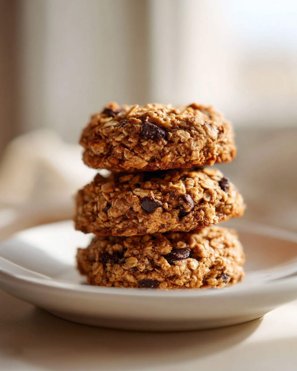 Three stacked, thick oatmeal breakfast cookies with visible chocolate chips on a white plate.