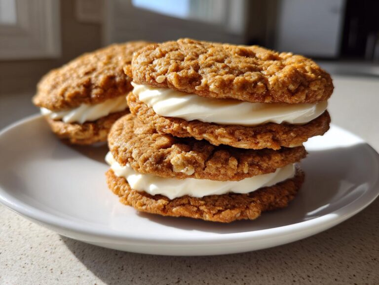 A stack of two homemade oatmeal cream pies filled with thick white frosting, sitting on a white plate.