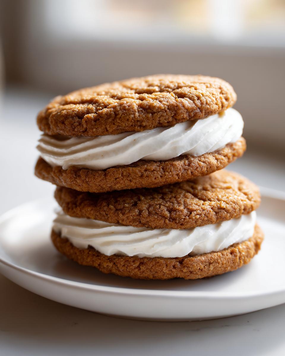 A close-up of two stacked oatmeal cream pies filled with thick white frosting on a white plate.