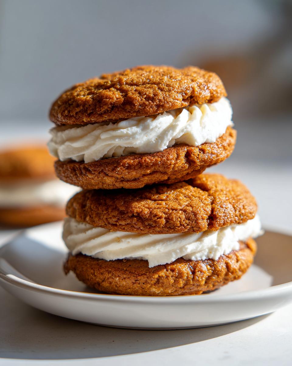 Close-up of two stacked oatmeal cream pies with thick, creamy white filling.