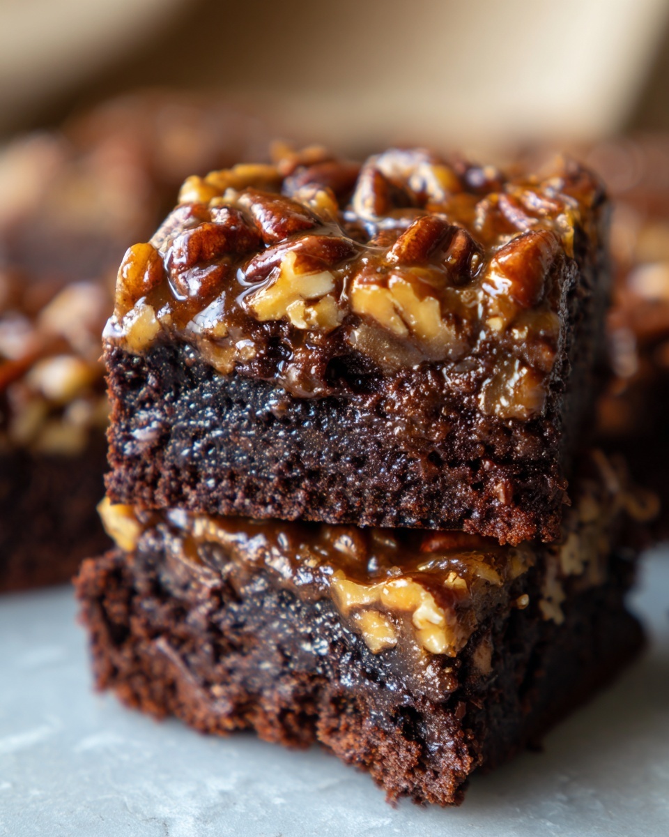 Close-up of two stacked, fudgy pecan pie brownies topped with a glossy layer of pecans and caramel.