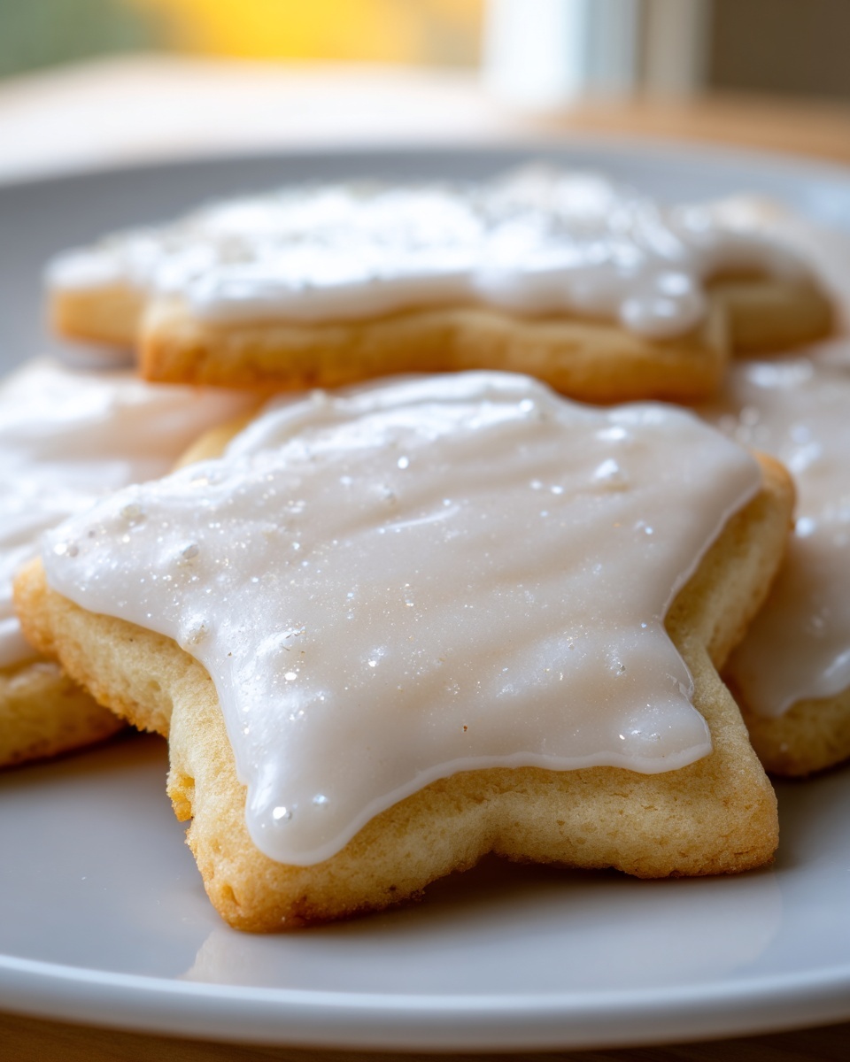 Close-up of a star-shaped sugar cookie topped with thick, glossy sugar cookie icing and silver sprinkles.