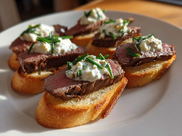 Several perfectly cooked steak crostini bites topped with creamy cheese and chives, ready to serve.