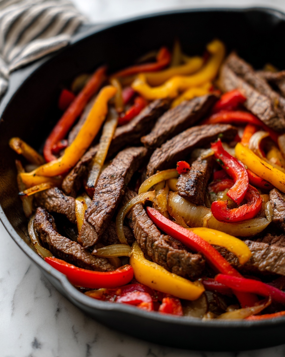 Close-up of sizzling steak fajita strips mixed with red and yellow bell peppers and onions in a black skillet.