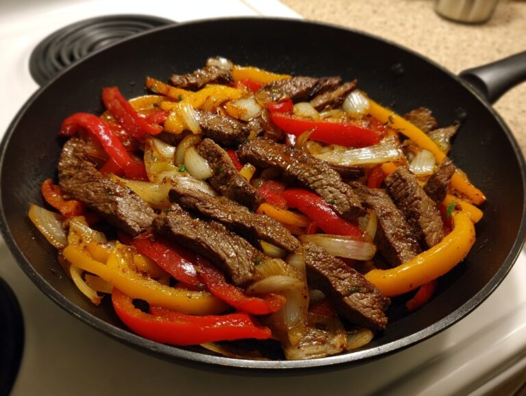 Close-up of cooked steak fajita strips mixed with sautéed red and yellow bell peppers and onions in a black skillet.