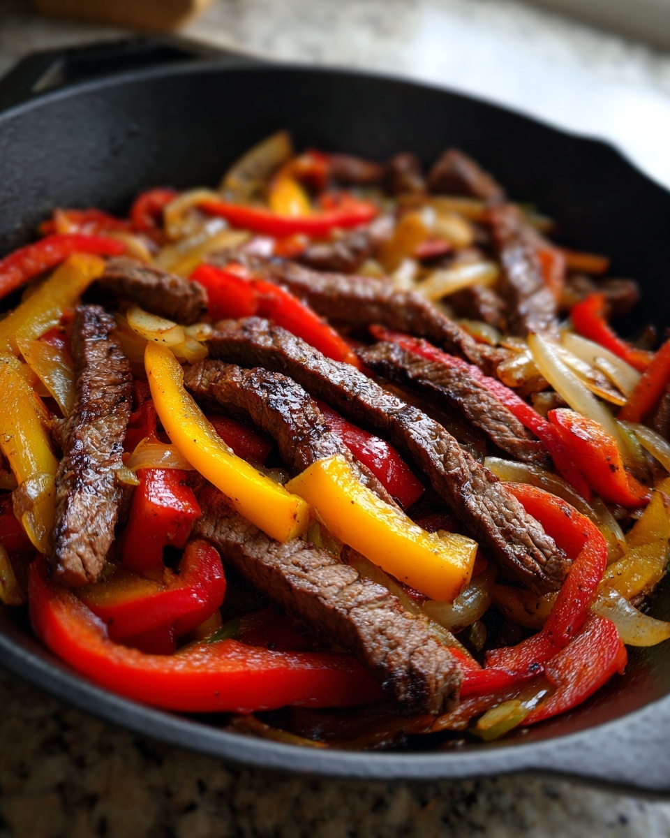 Close-up of sizzling steak fajita strips mixed with red and yellow bell peppers and onions in a black skillet.