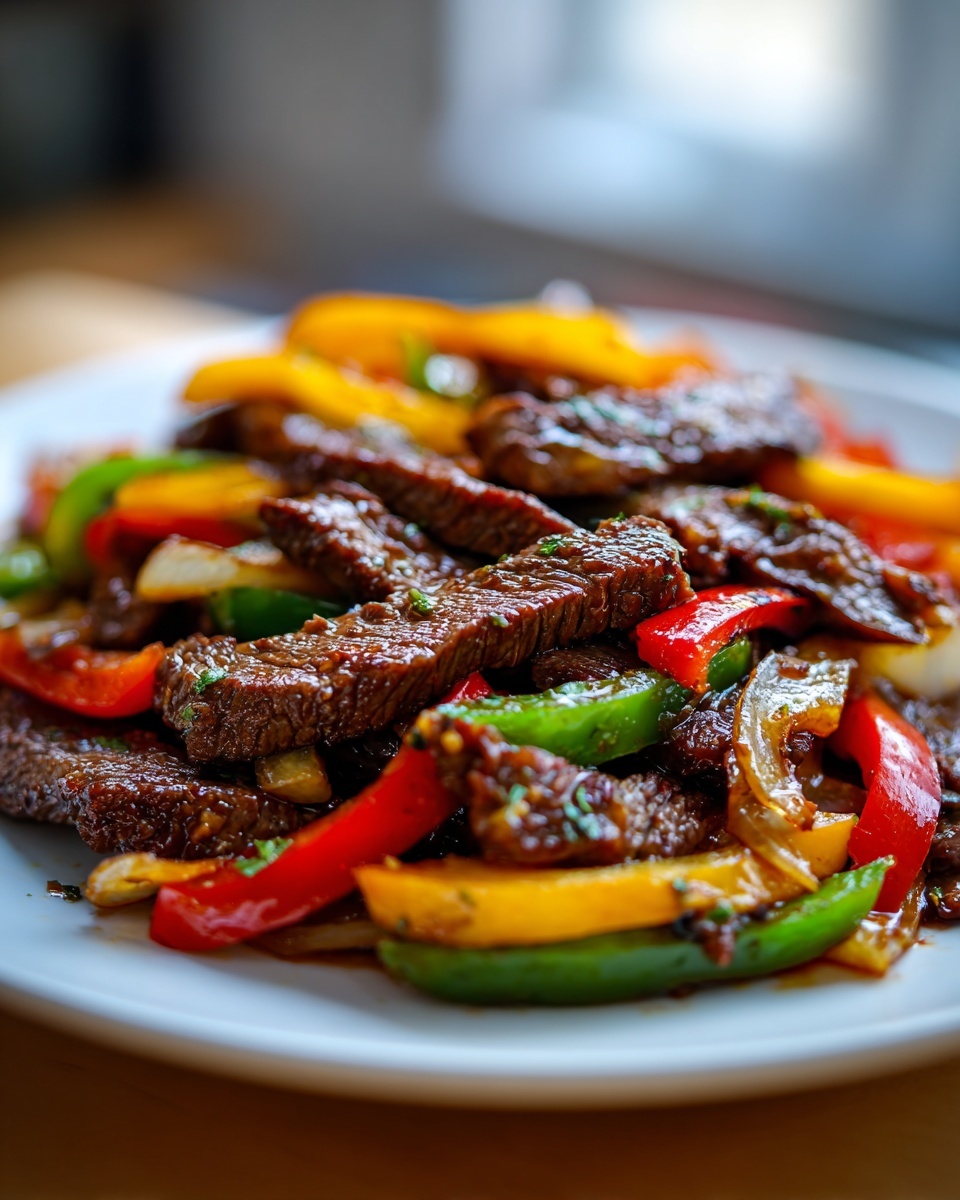Close-up of sizzling steak fajitas strips mixed with colorful red, green, and yellow bell peppers.