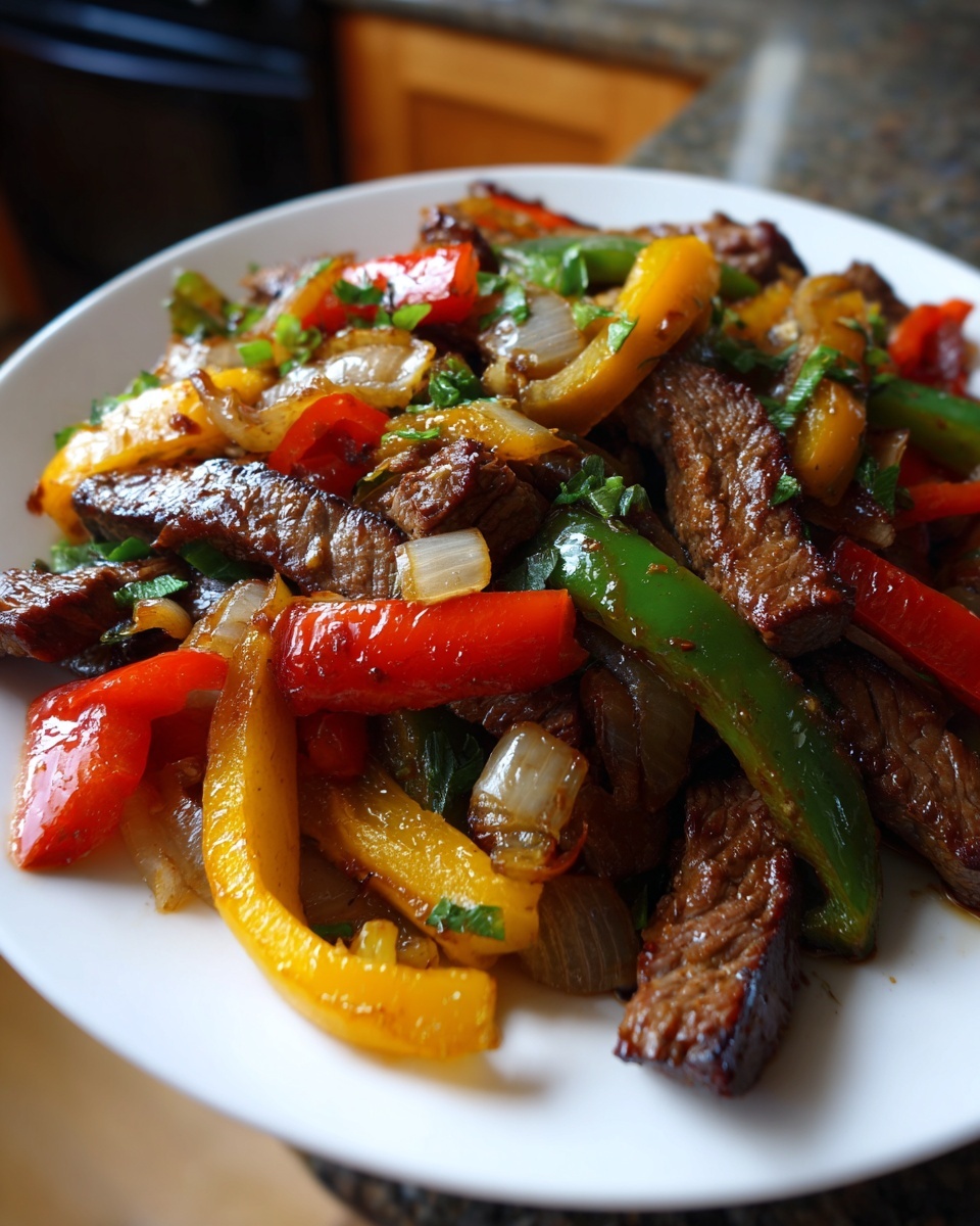 Close-up of perfectly cooked steak fajitas featuring seared beef strips mixed with colorful sautéed bell peppers and onions.