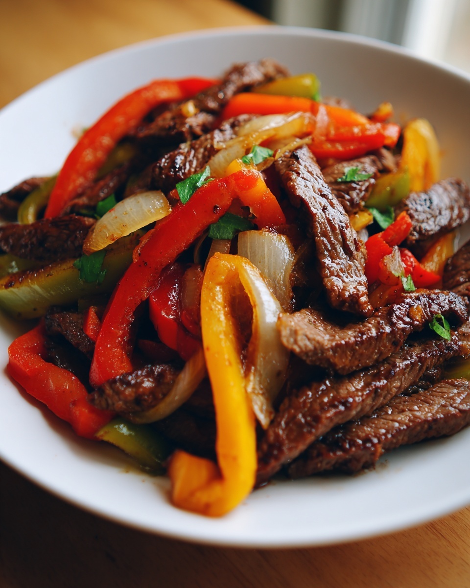 Close-up of perfectly cooked steak fajitas featuring sliced steak, red, yellow, and green peppers, and onions in a white bowl.