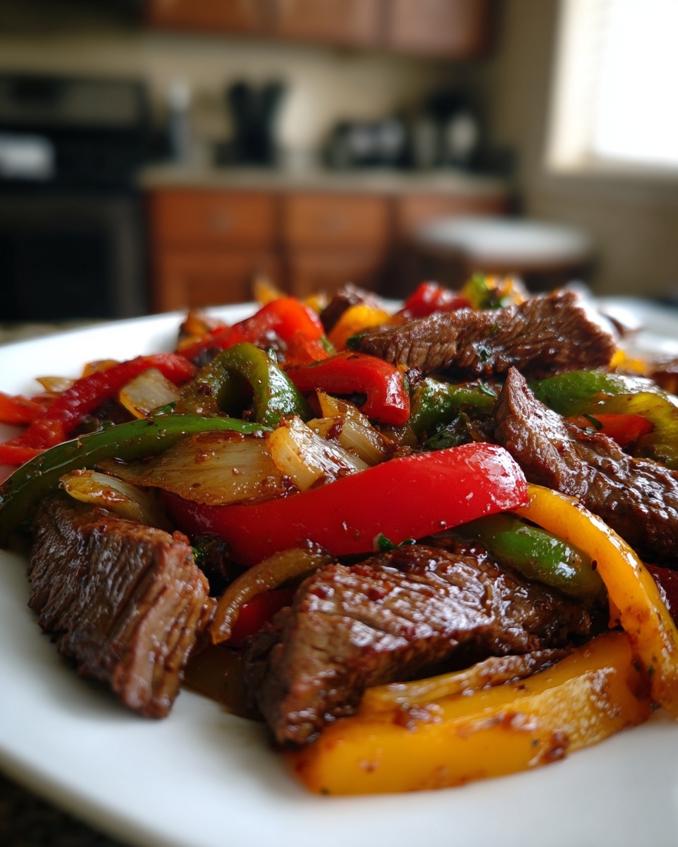 Close-up of seasoned steak fajitas mixed with vibrant red, green, and yellow bell peppers and onions.
