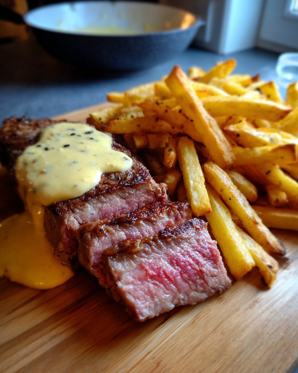 Close-up of medium-rare steak frites, sliced and topped with creamy peppercorn sauce, served on a wooden board.