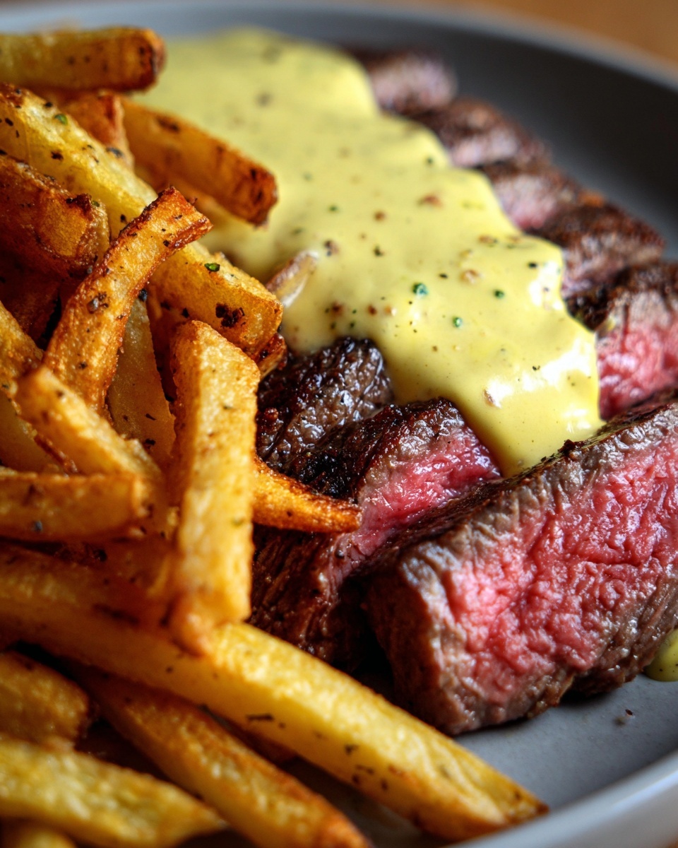 Close-up of medium-rare steak frites, sliced and topped with a rich yellow sauce.