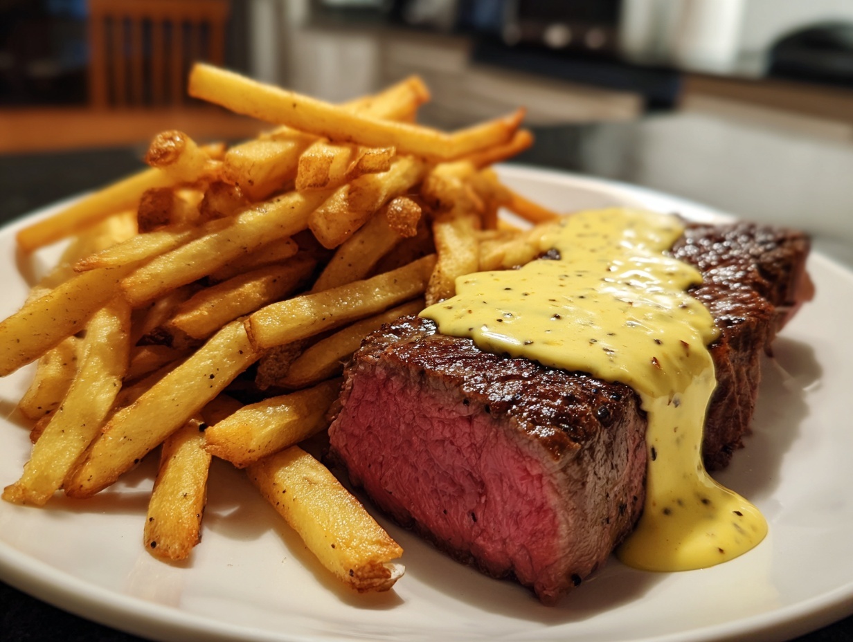 Close-up of perfectly cooked steak frites, showing a medium-rare steak topped with creamy sauce and a side of golden fries.