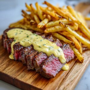 Close-up of sliced steak frites, medium-rare, topped with a rich yellow sauce, served with crispy french fries.