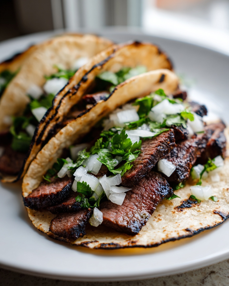 Close-up of two grilled steak tacos topped with diced white onion and fresh cilantro.
