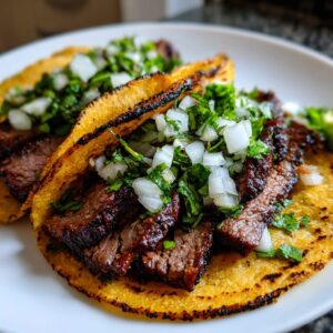 Close-up of two grilled steak tacos loaded with sliced marinated steak, diced white onion, and fresh cilantro.