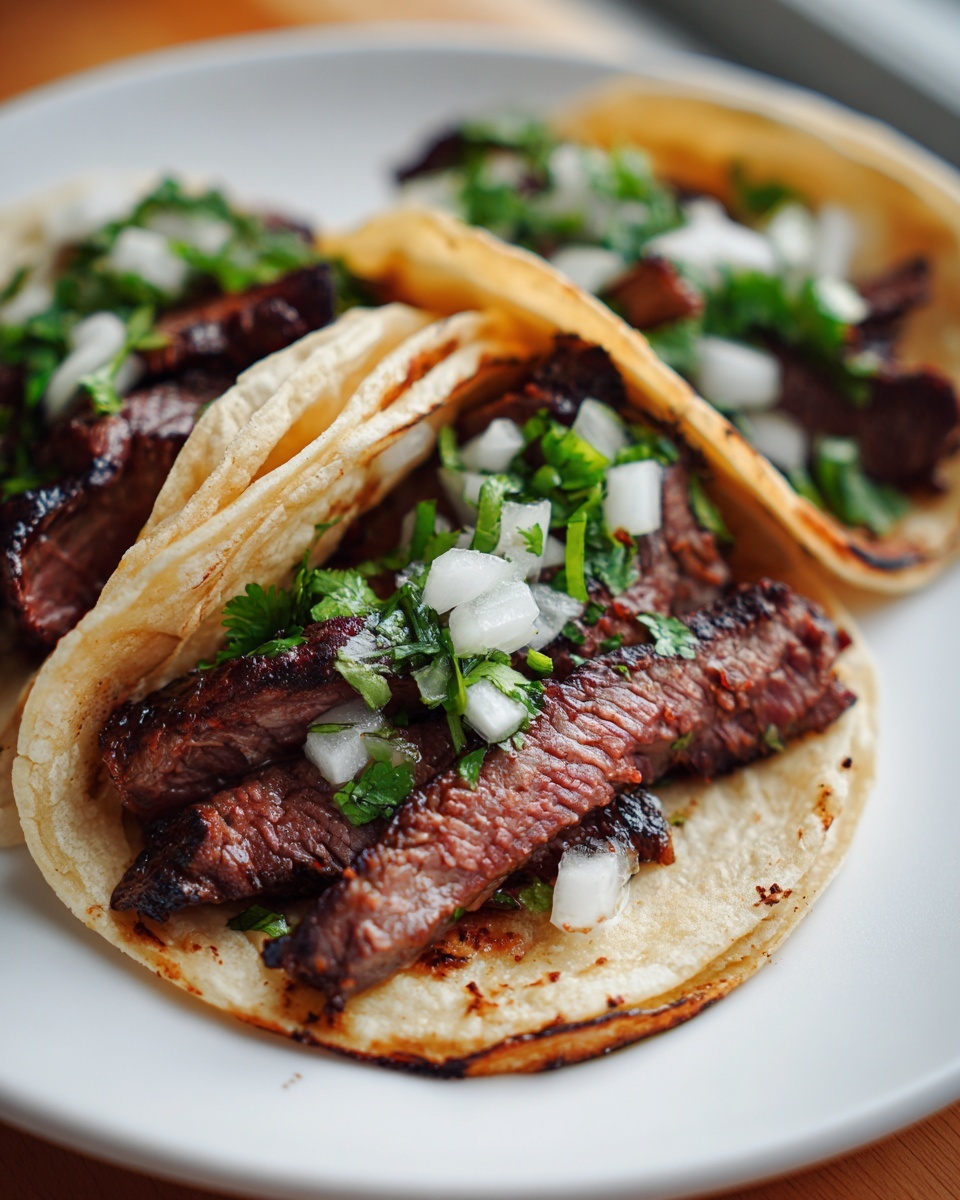 Close-up of two street-style steak tacos filled with grilled, sliced steak, diced white onion, and cilantro.