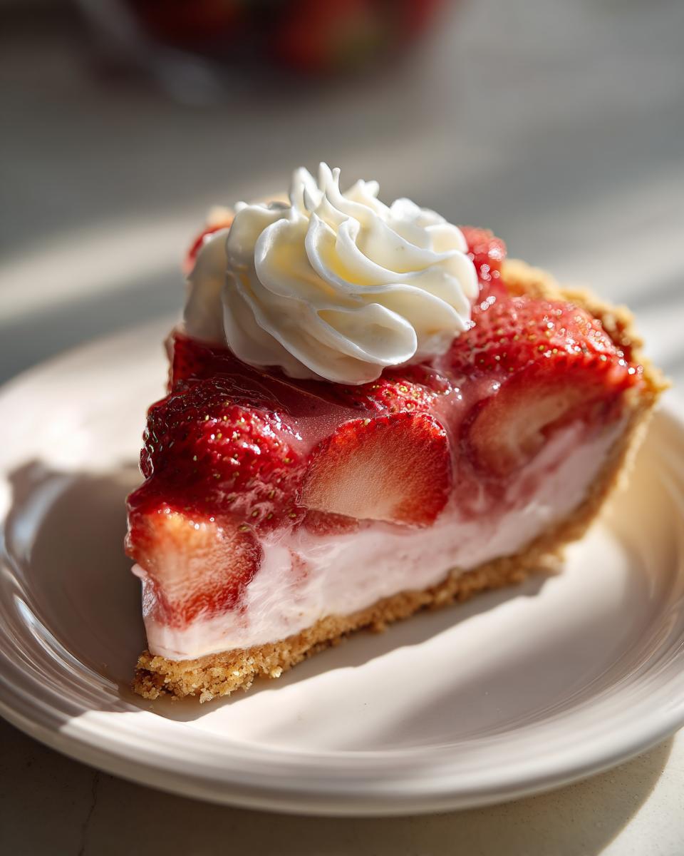A close-up slice of amazing strawberry pie featuring fresh strawberries, creamy filling, and a dollop of whipped cream.