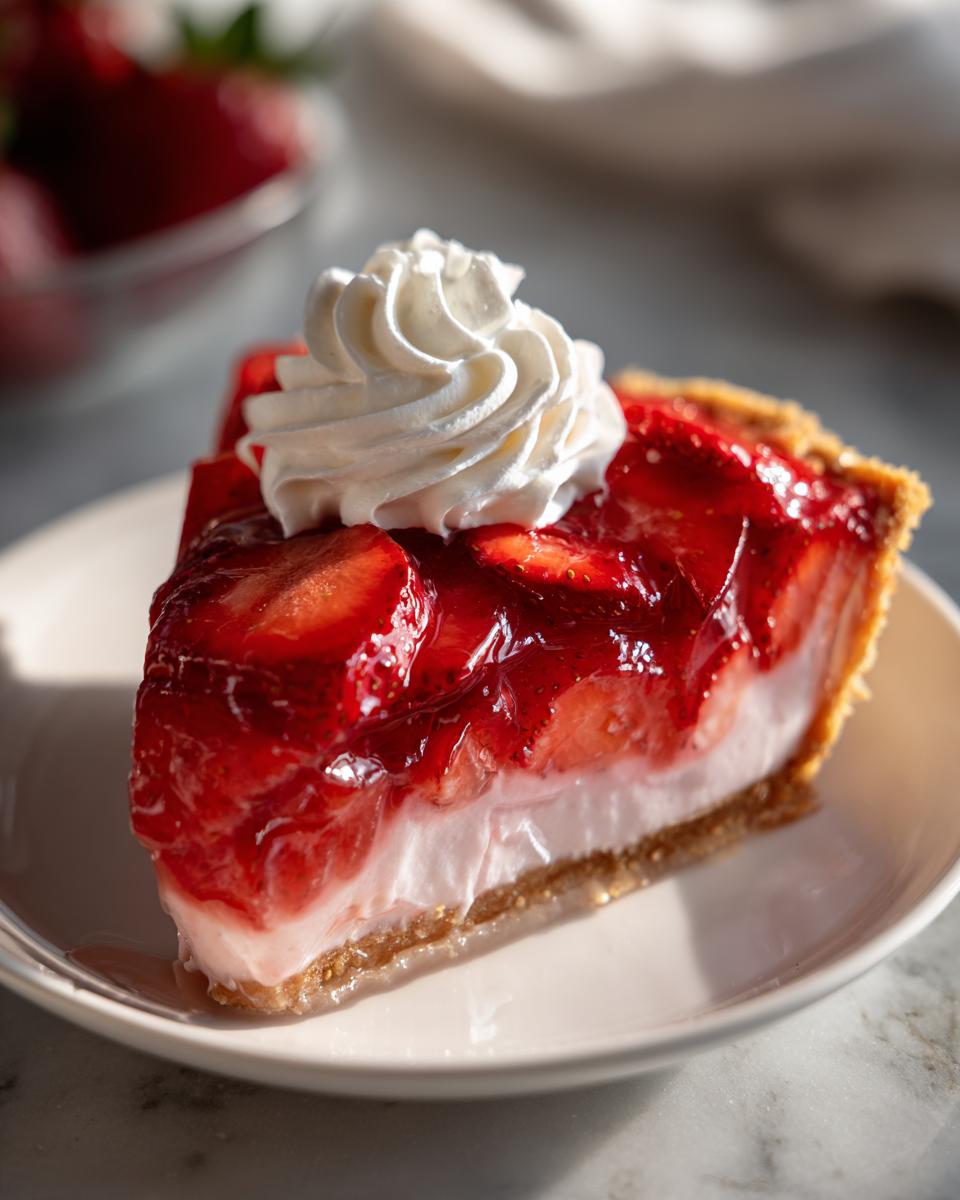 A close-up of a perfect slice of strawberry pie topped with a swirl of whipped cream on a white plate.