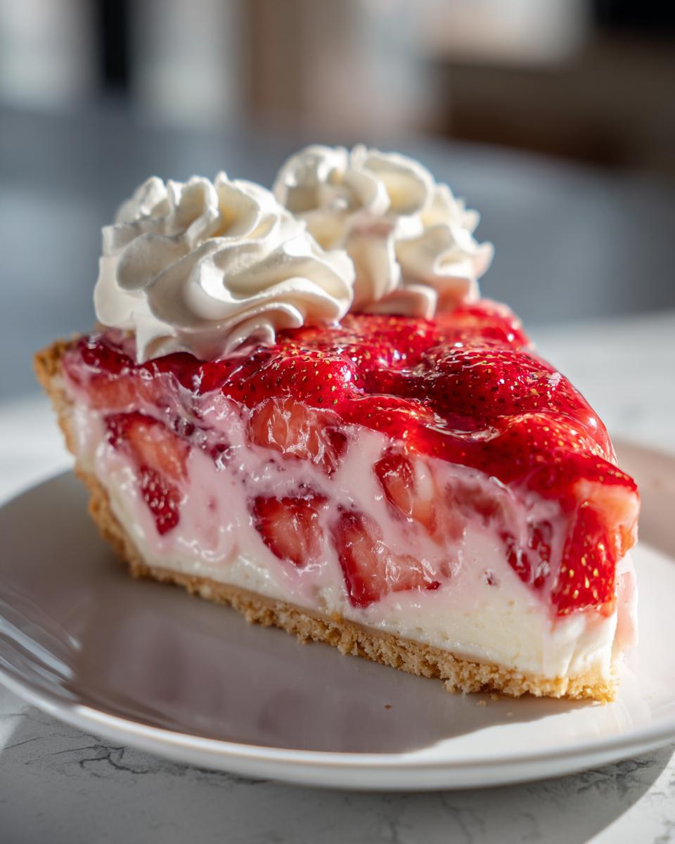A decadent slice of strawberry pie with fresh strawberries, creamy filling, and whipped cream topping.