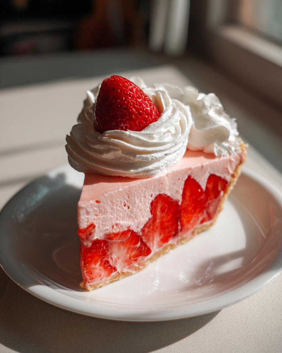 A perfect slice of strawberry pie featuring layers of fresh strawberries, pink mousse, and topped with whipped cream and a whole strawberry.