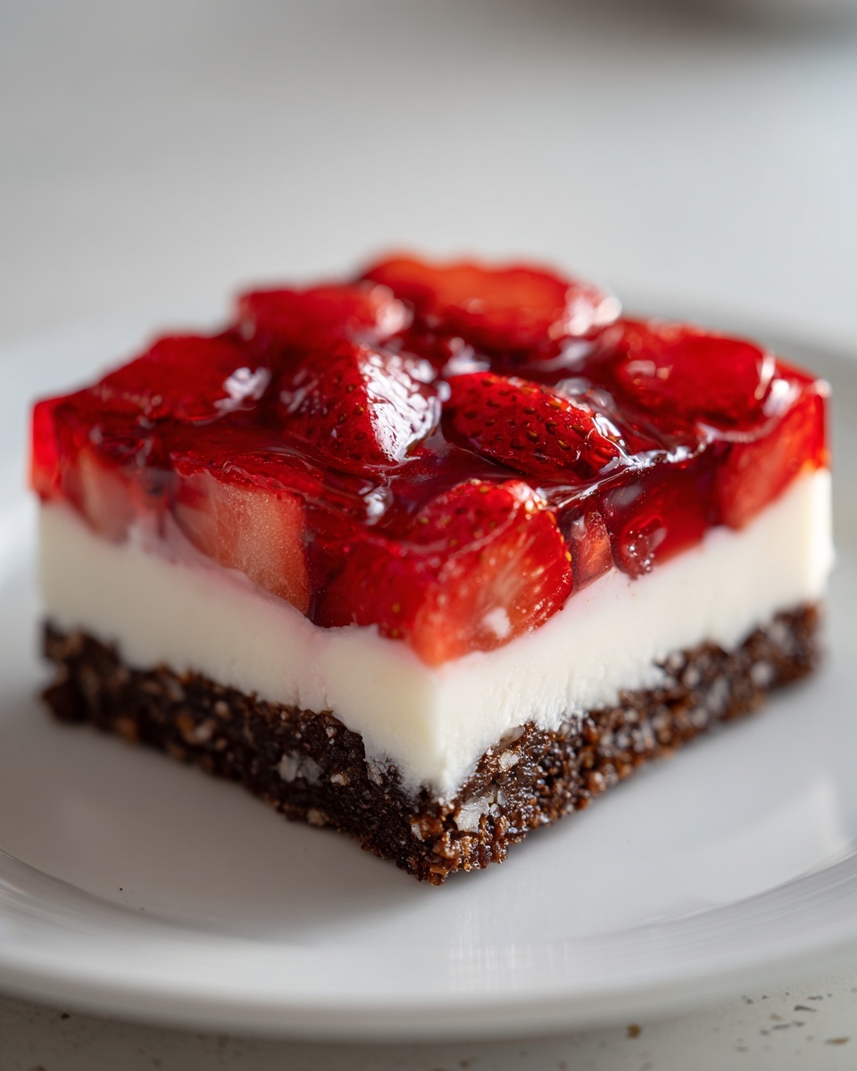 Close-up of a slice of pretzel salad with a dark crust, white cream layer, and strawberry topping.
