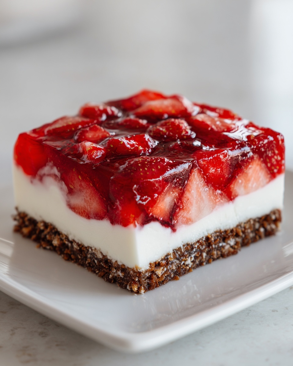 Close-up of a square slice of pretzel salad showing the crunchy crust, creamy layer, and strawberry topping.