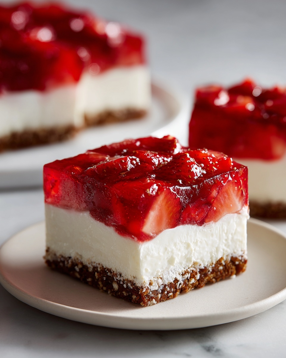 Close-up of a square slice of strawberry pretzel salad showing three distinct layers: pretzel crust, cream cheese filling, and strawberry gelatin topping.