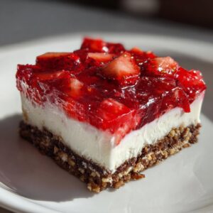 Close-up of a layered slice of pretzel salad featuring a crust, cream cheese layer, and strawberry topping.