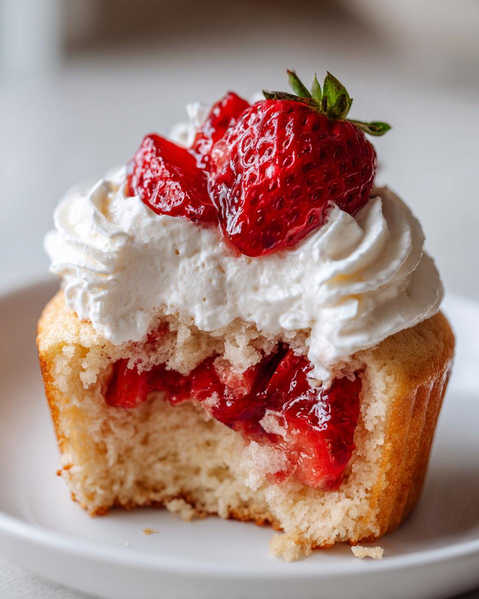 Close-up of a strawberry shortcake cupcake with a bite taken out, revealing strawberry filling and topped with whipped cream and fresh strawberries.